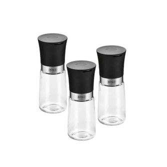 Комплект от 3 мелнички с мелница, Rösle, керамични остриета, стъклен съд 120 ml, настройка на смилането, сол, черен пипер, подпр