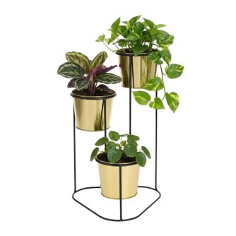 Стойка за цветя, Метал, Златиста, 3 Саксии, 24x22x47 см