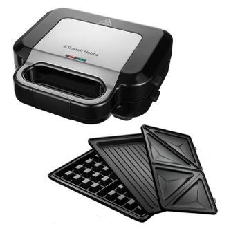 Sandwich maker Russell Hobbs Creations 3 in 1, placi interschimbabile, suprafata antiaderenta, indicator luminos, negru