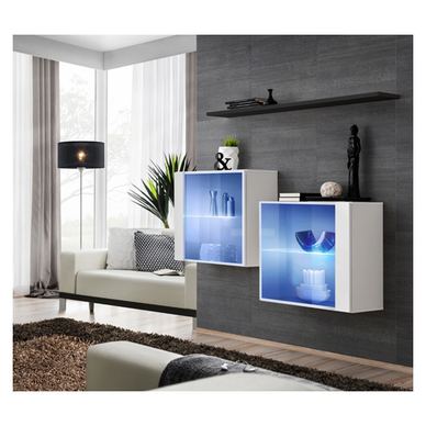 Vstyle Amber 448413 Fali Vitrin Szett, fehér, fekete, MDF, PVC fólia, üveg 110x130x30
