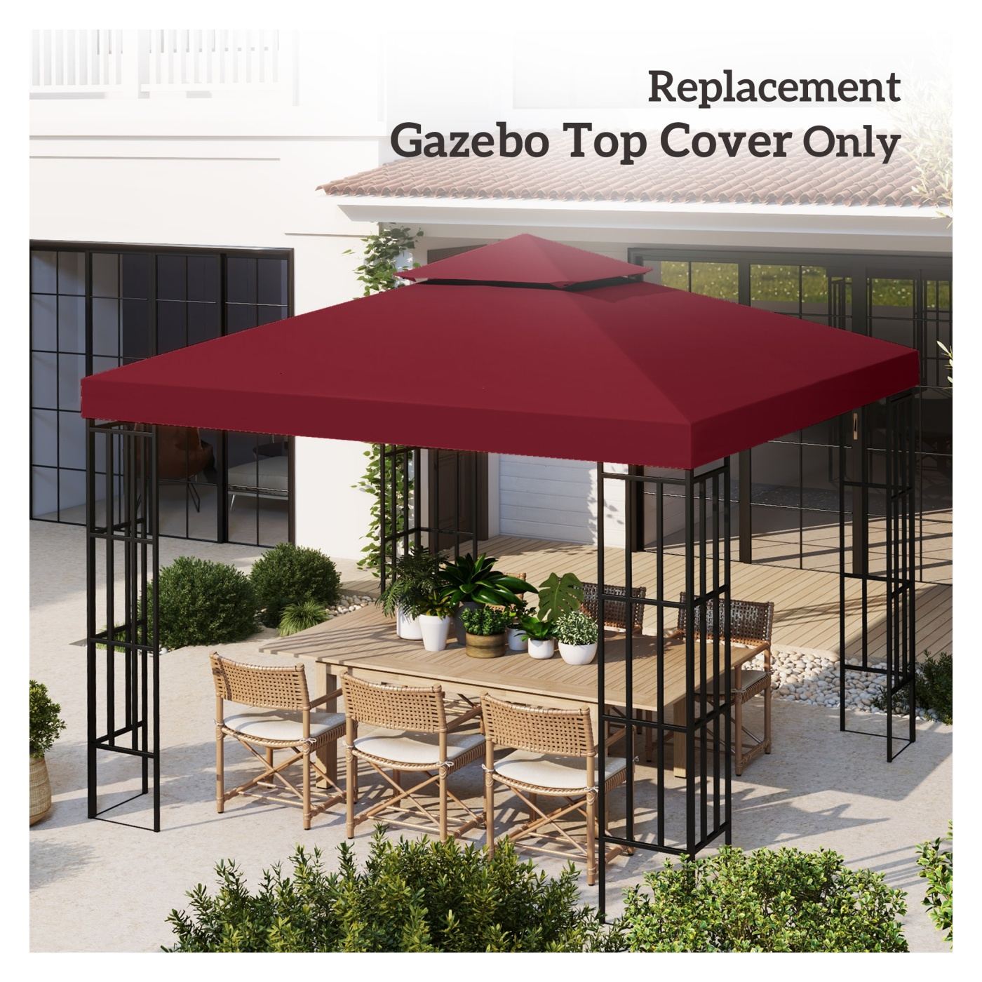 Acoperiș de Rezervă pentru Foișor 3x3 m pe Două Niveluri și Anti-UV din Poliester cu Ventilație, Roșu - 7
