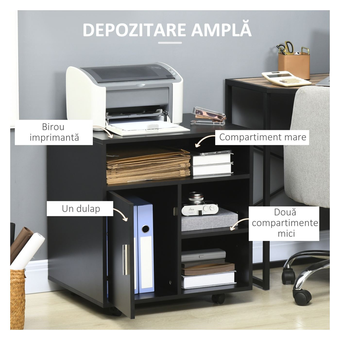 Suport de imprimantă organizator birou dulap ușă 3 nișe + blat mare panouri particule negru - 4