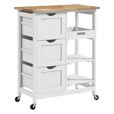 Konyhai kocsi kerekekkel, konyhasziget 3 fiókkal, 3 polccal, fa tetővel, kompakt multifunkcionális bútor, 67x37x85,5