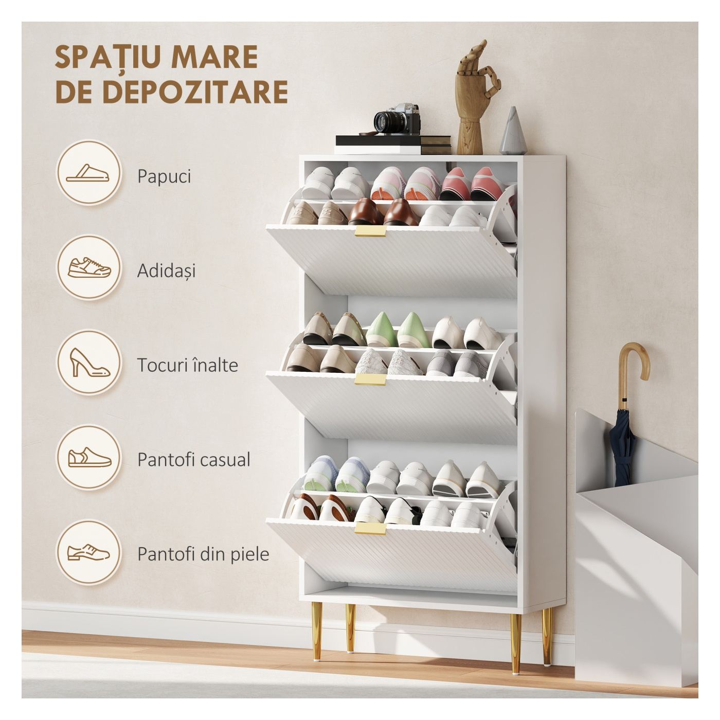 Dulap Slim pentru Pantofi cu 3 Uși Canelate Rabatabile, Dulap Modern cu Rafturi Reglabile pe 2 Niveluri, Spațiu pentru 18 Perech - 5