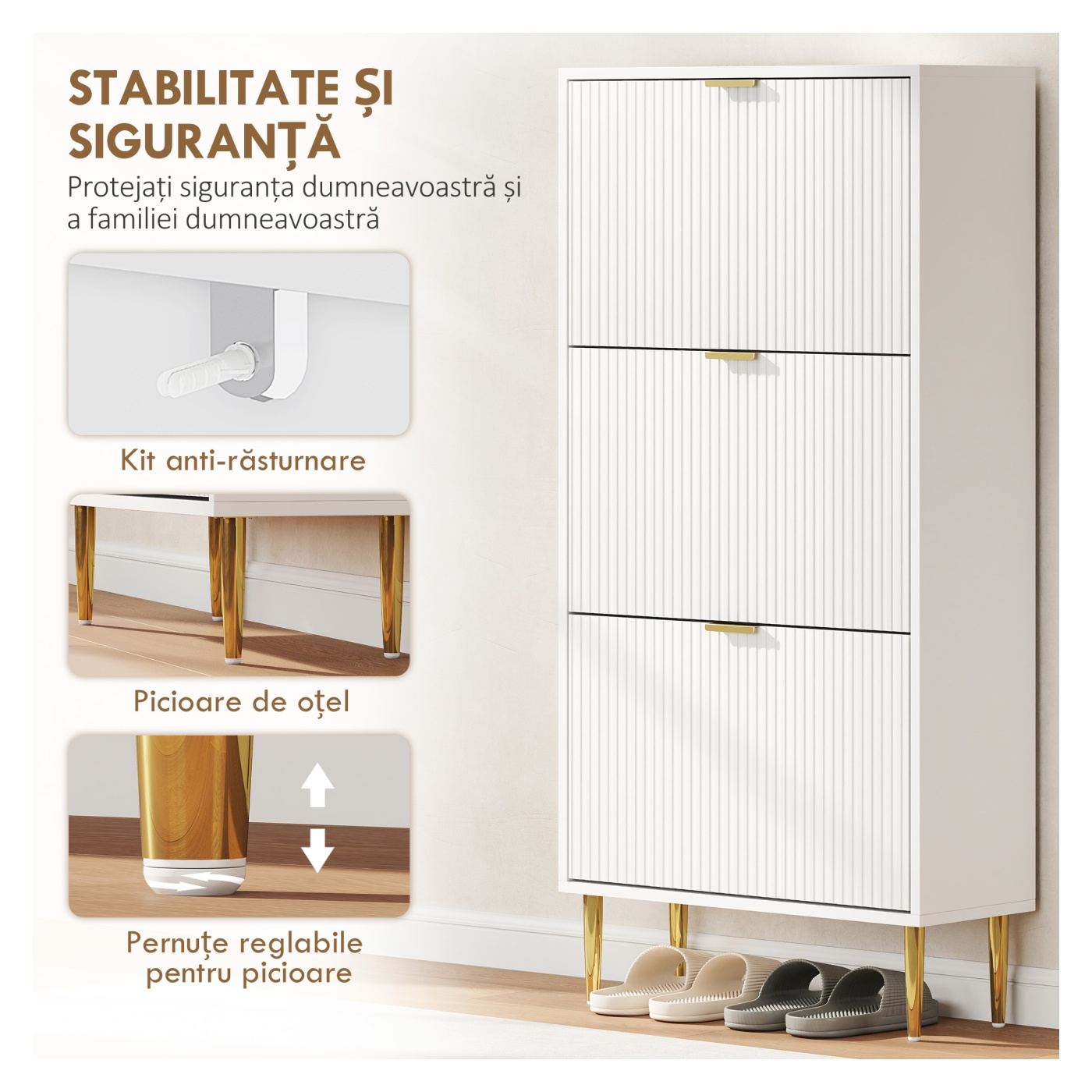 Dulap Slim pentru Pantofi cu 3 Uși Canelate Rabatabile, Dulap Modern cu Rafturi Reglabile pe 2 Niveluri, Spațiu pentru 18 Perech - 7