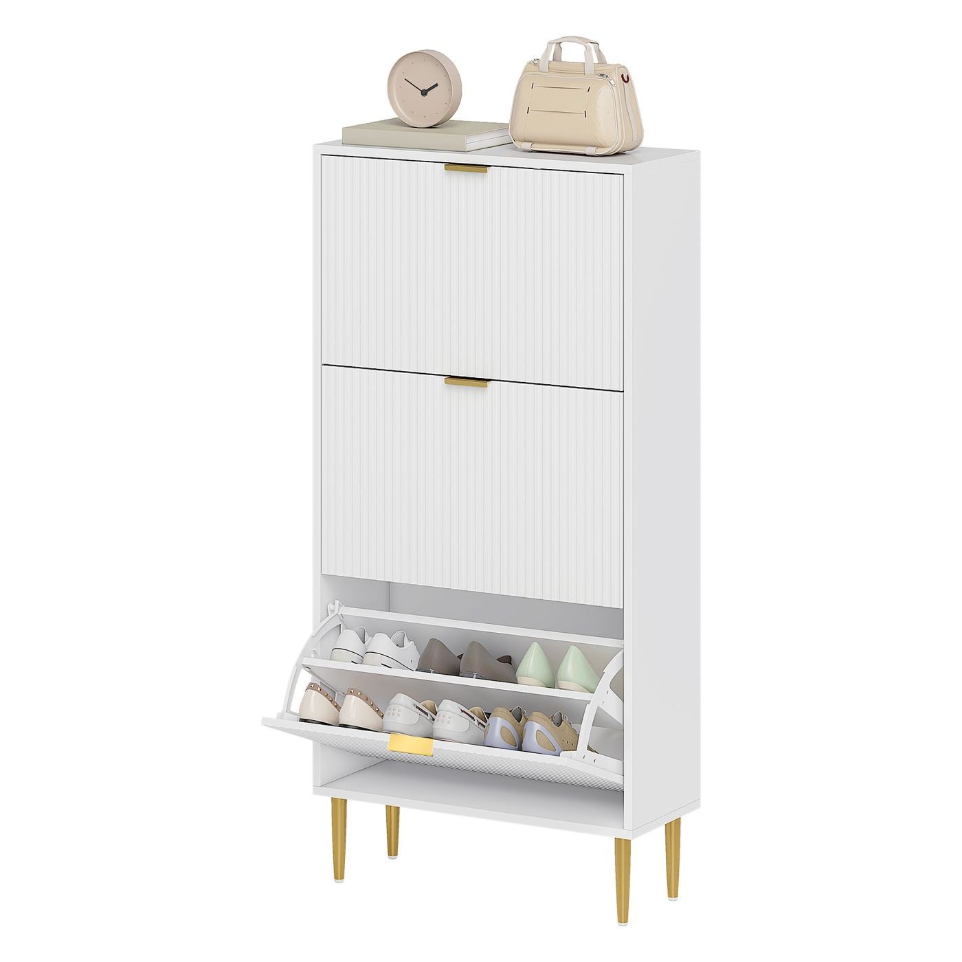 Dulap Slim pentru Pantofi cu 3 Uși Canelate Rabatabile, Dulap Modern cu Rafturi Reglabile pe 2 Niveluri, Spațiu pentru 18 Perech - 10