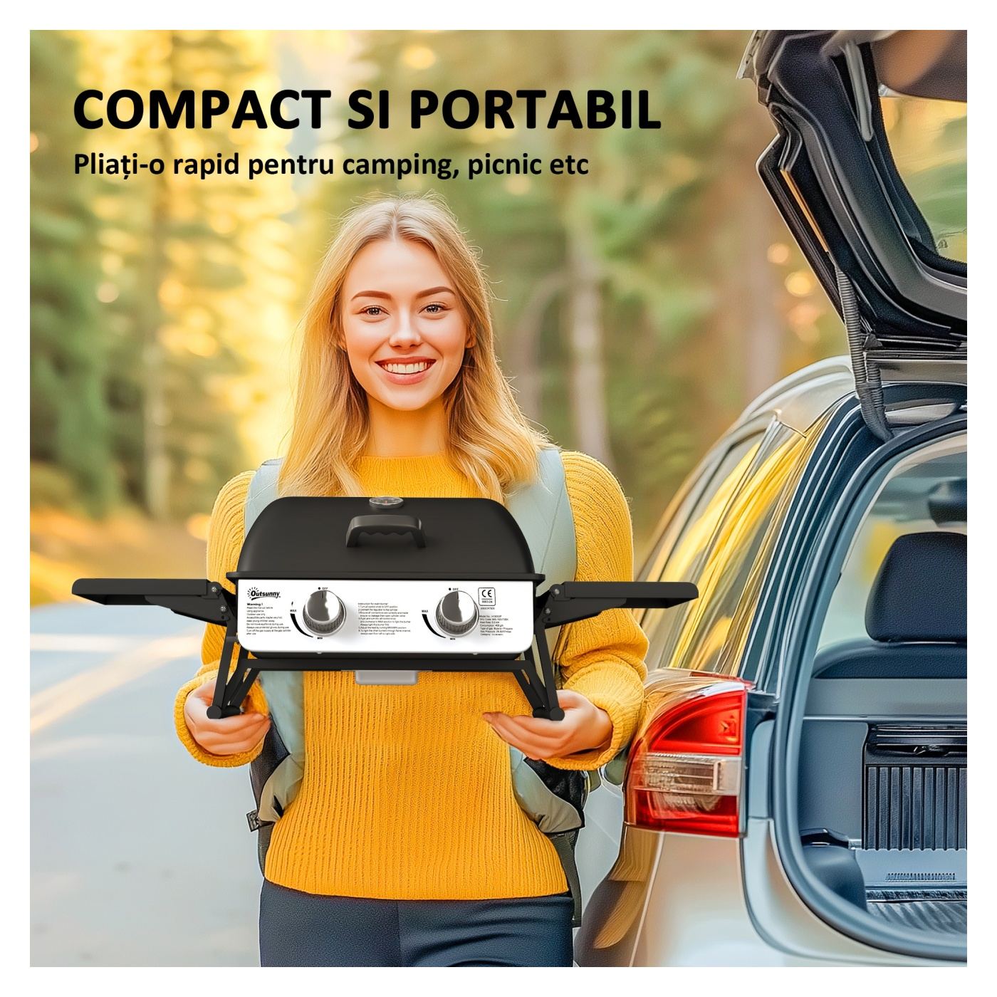 Grătar pe Gaz Portabil cu 2 Arzătoare și Capac cu Termometru, Negru - 4