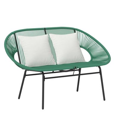 2-Személyes Rattan Kerti Kanapé Acélvázzal, Párnákkal és Karfákkal, 132x72x83 cm, Zöld