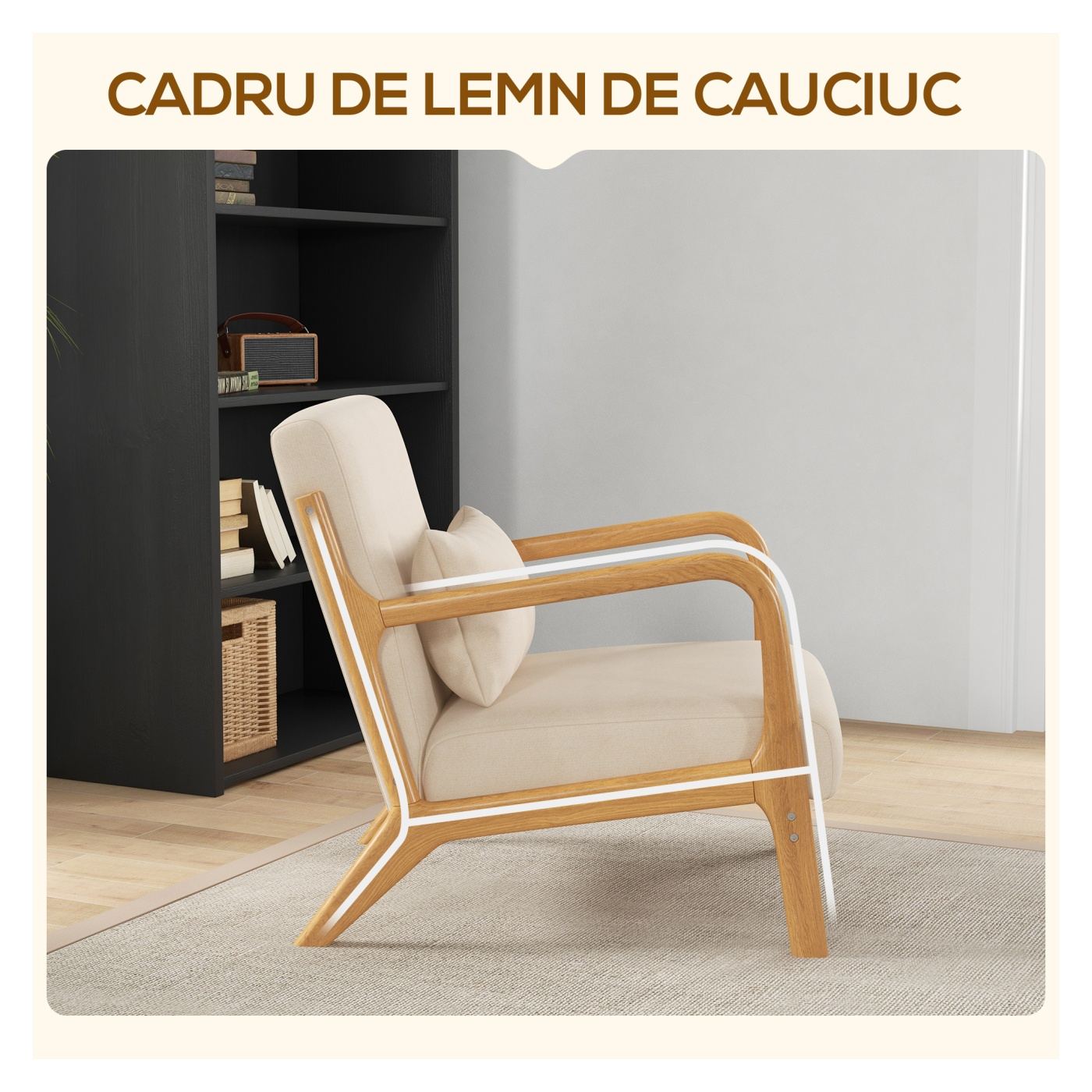 Fotoliu de Sufragerie din Lemn de Caucciuc cu Pernă Detașabilă și Spătar, Fotoliu de Dormitor Modern Capitonat cu Brațe pentru L - 5