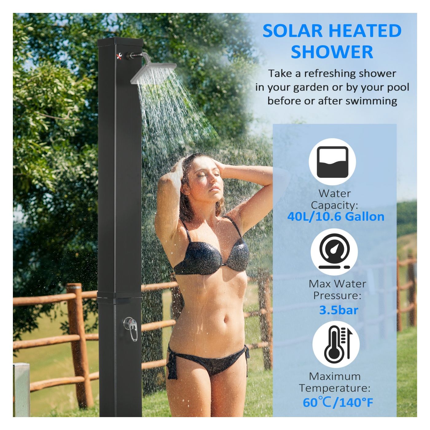 Duș Solar  de Grădină 40L și Temperatură 60°C, Cap Rotativ și Robinet pentru Picioare, Negru - 4