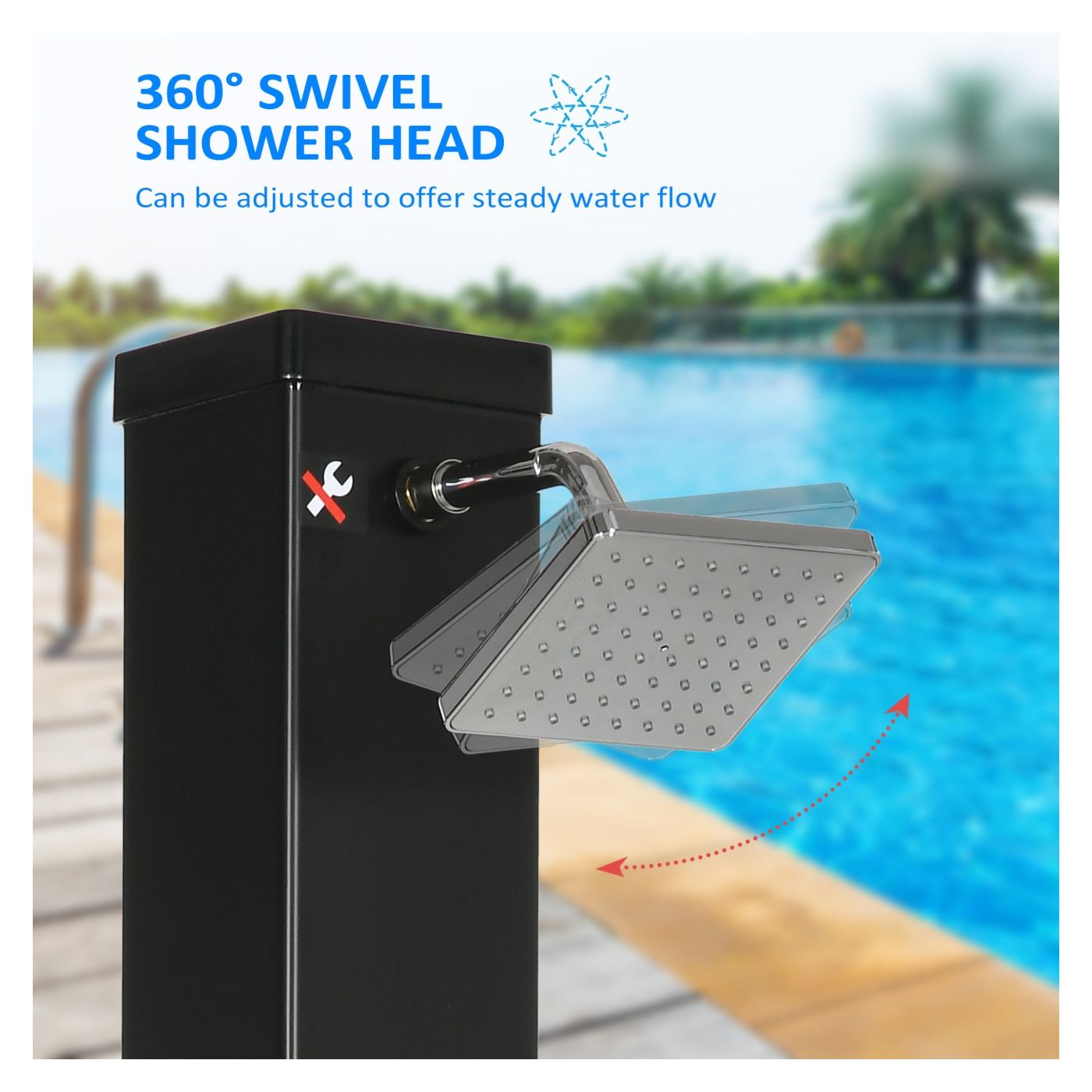 Duș Solar  de Grădină 40L și Temperatură 60°C, Cap Rotativ și Robinet pentru Picioare, Negru - 6