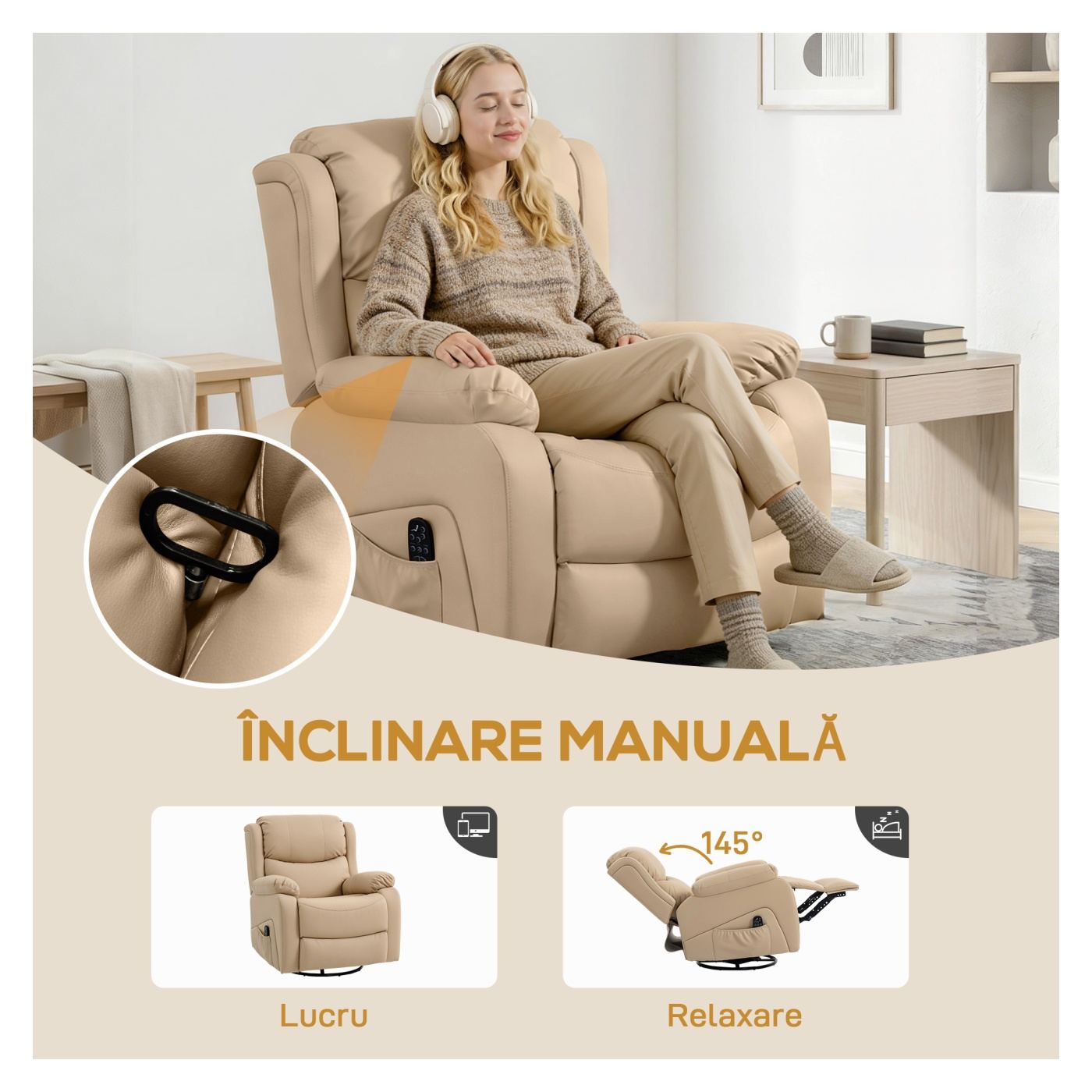 Fotoliu Relax Reclinabil cu 8 Puncte de Vibrație, Încălzire și Suport pentru Picioare, 87x97X100 cm, Bej - 5