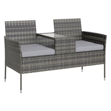 Kerti pad 2 ülőhellyel és dohányzóasztallal, acél és PE rattan, 137x59x82 cm, szürke