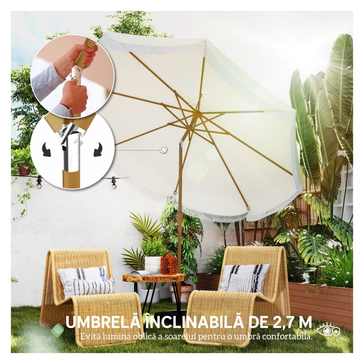 Umbrelă de Grădină Rotundă 2.7x2.4 m cu Manivelă, din Metal și Poliester, Bej - 4