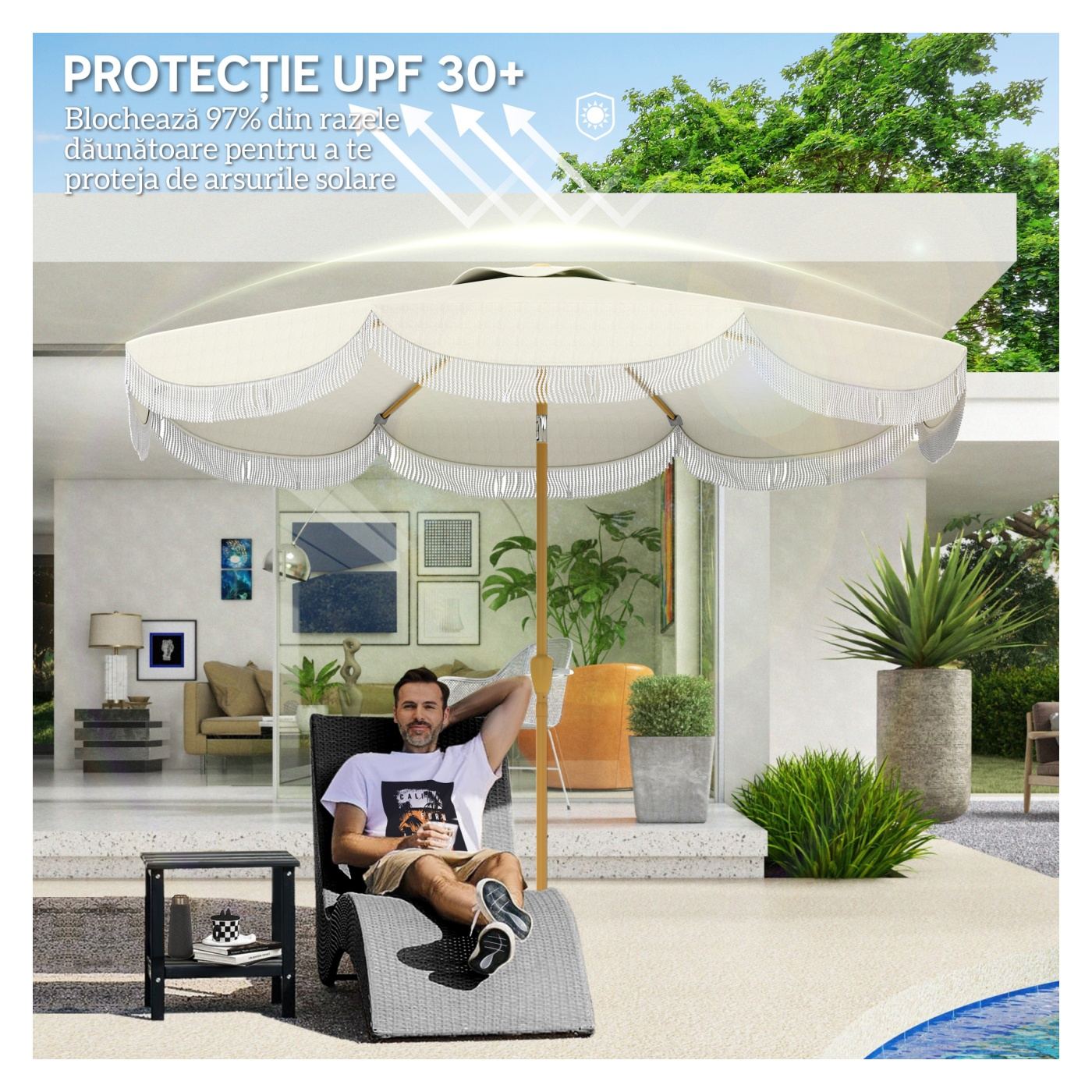 Umbrelă de Grădină Rotundă 2.7x2.4 m cu Manivelă, din Metal și Poliester, Bej - 5