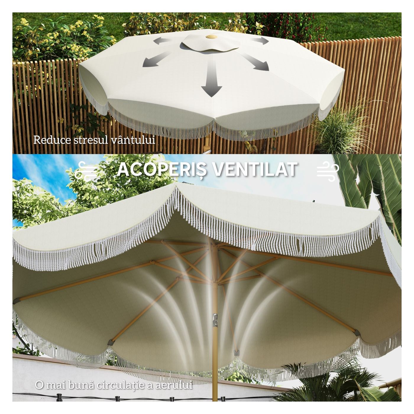 Umbrelă de Grădină Rotundă 2.7x2.4 m cu Manivelă, din Metal și Poliester, Bej - 6