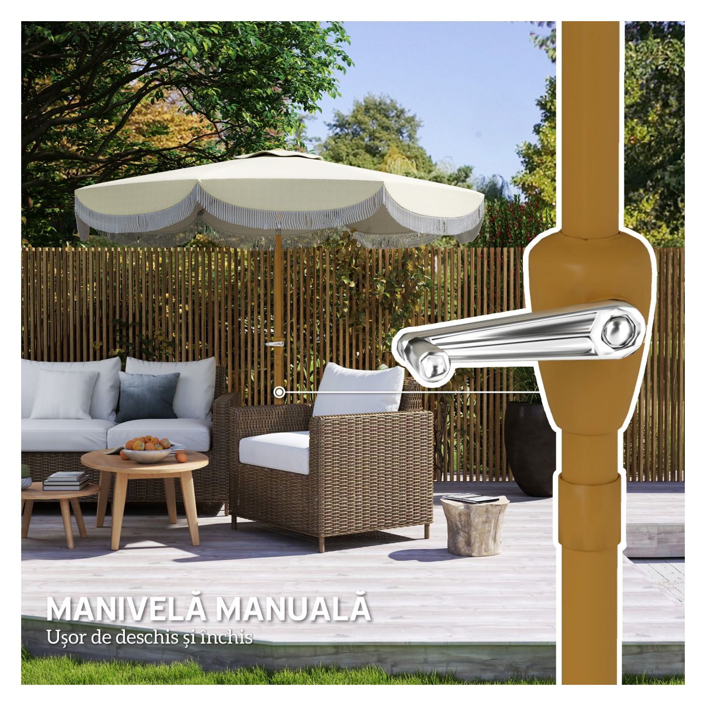 Umbrelă de Grădină Rotundă 2.7x2.4 m cu Manivelă, din Metal și Poliester, Bej - 7