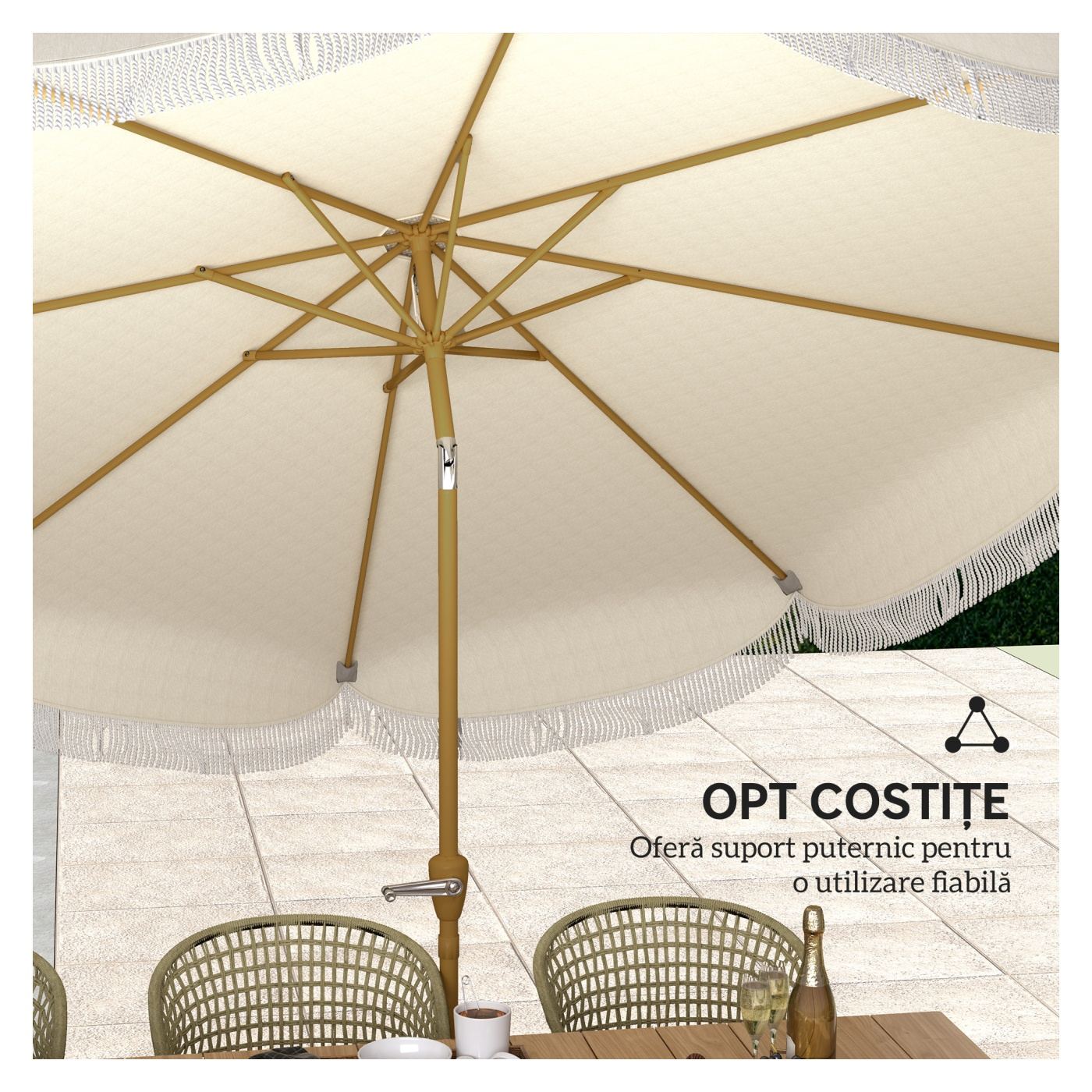 Umbrelă de Grădină Rotundă 2.7x2.4 m cu Manivelă, din Metal și Poliester, Bej - 8