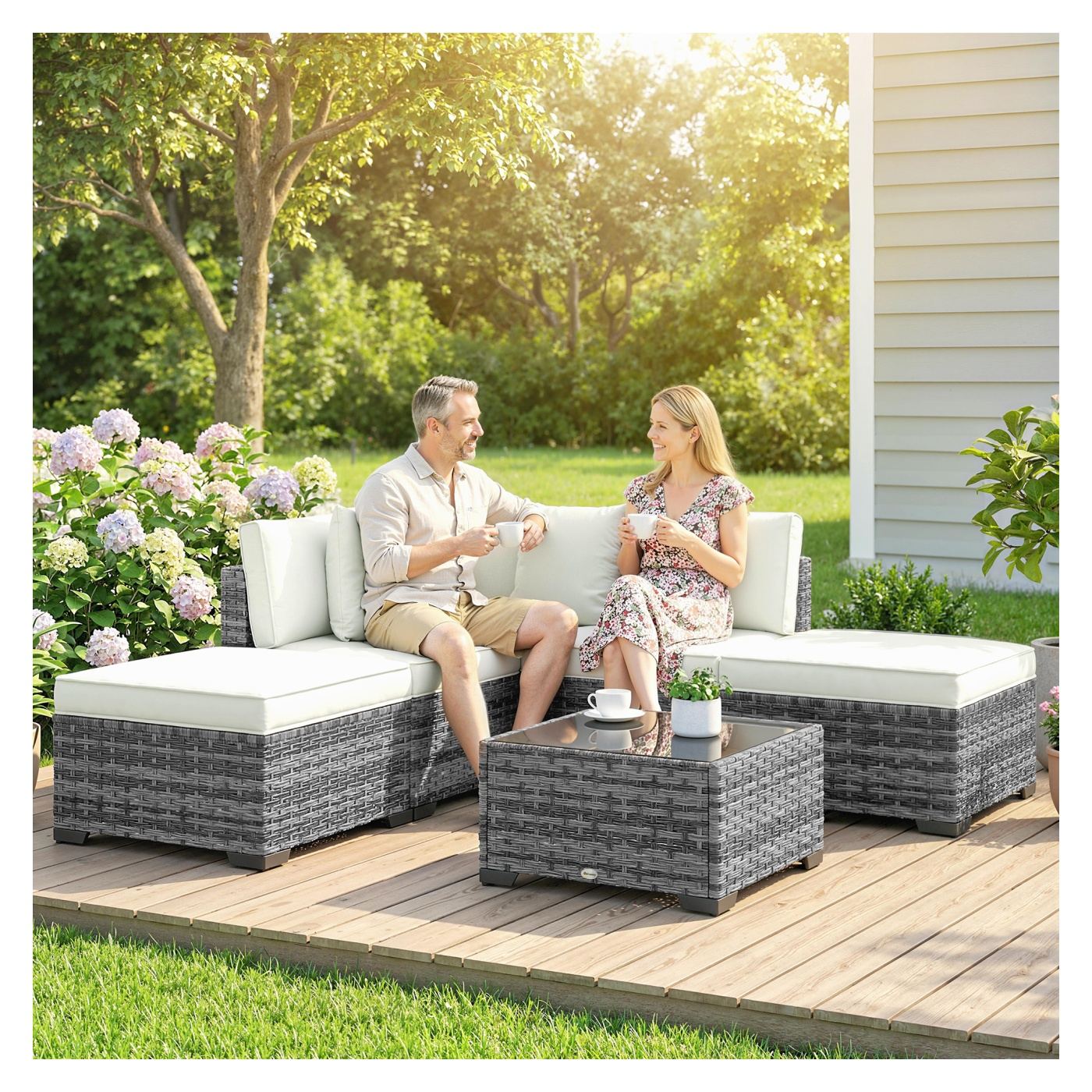 Set Mobilier de Grădină din Ratan, 6 Piese, Configurație în L cu Canapele fără Brațe, Fotoliu Colțar, Suporturi pentru Picioare, - 2