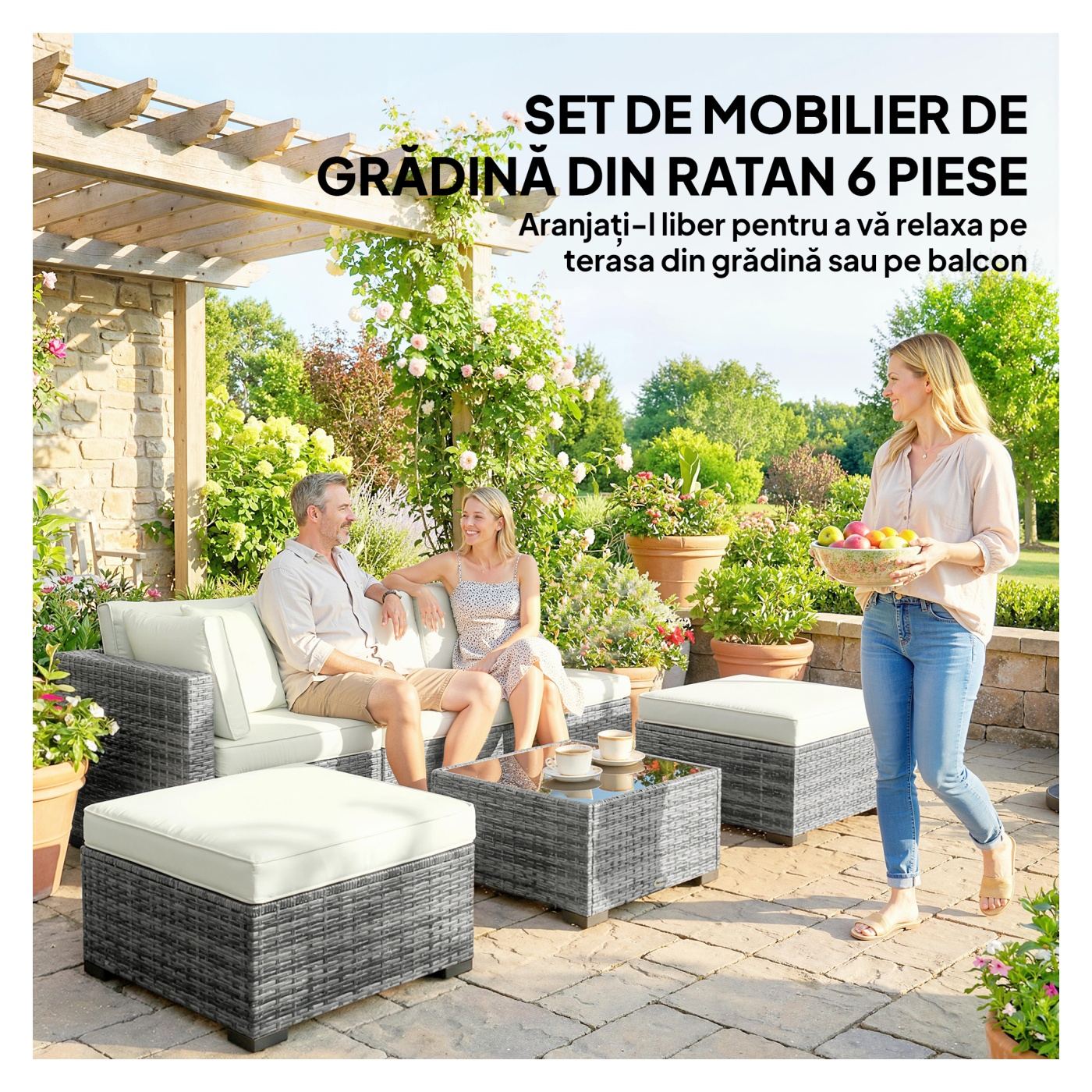 Set Mobilier de Grădină din Ratan, 6 Piese, Configurație în L cu Canapele fără Brațe, Fotoliu Colțar, Suporturi pentru Picioare, - 4