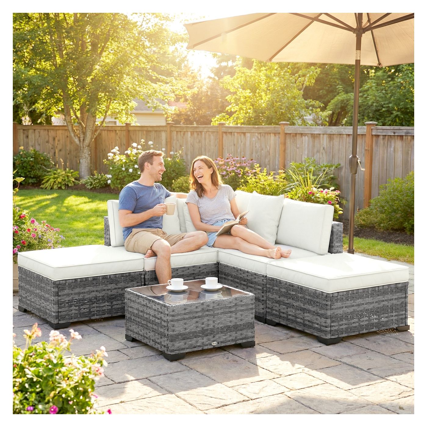 Set Mobilier de Grădină din Ratan, 6 Piese, Configurație în L cu Canapele fără Brațe, Fotoliu Colțar, Suporturi pentru Picioare, - 9