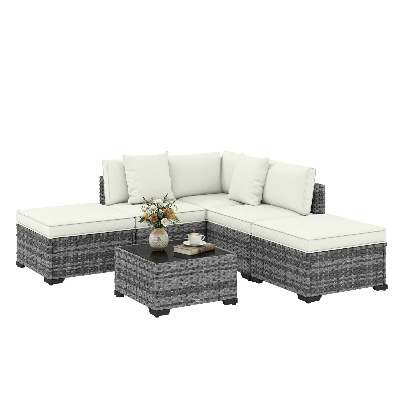 Set Mobilier de Grădină din Ratan, 6 Piese, Configurație în L cu Canapele fără Brațe, Fotoliu Colțar, Suporturi pentru Picioare, - 10