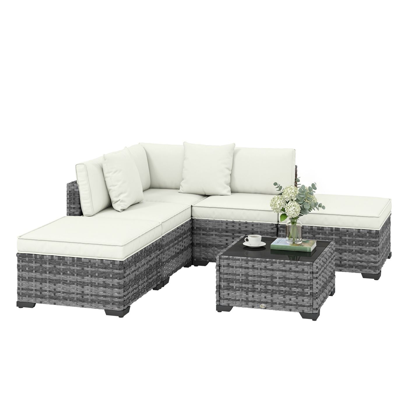 Set Mobilier de Grădină din Ratan, 6 Piese, Configurație în L cu Canapele fără Brațe, Fotoliu Colțar, Suporturi pentru Picioare, - 11