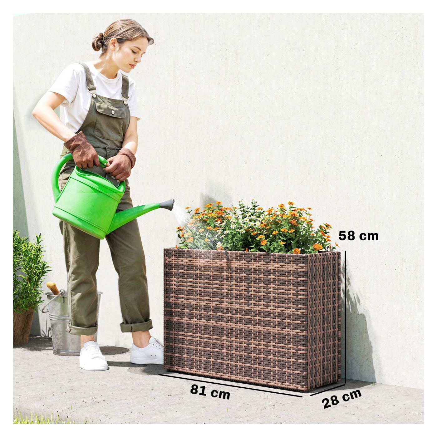 Strat Înălțat pentru Grădină 45L din Ratan, Ghiveci pentru Balcon cu Orificii de Drenaj și Picioare Reglabile, pentru Plante, Fl - 3