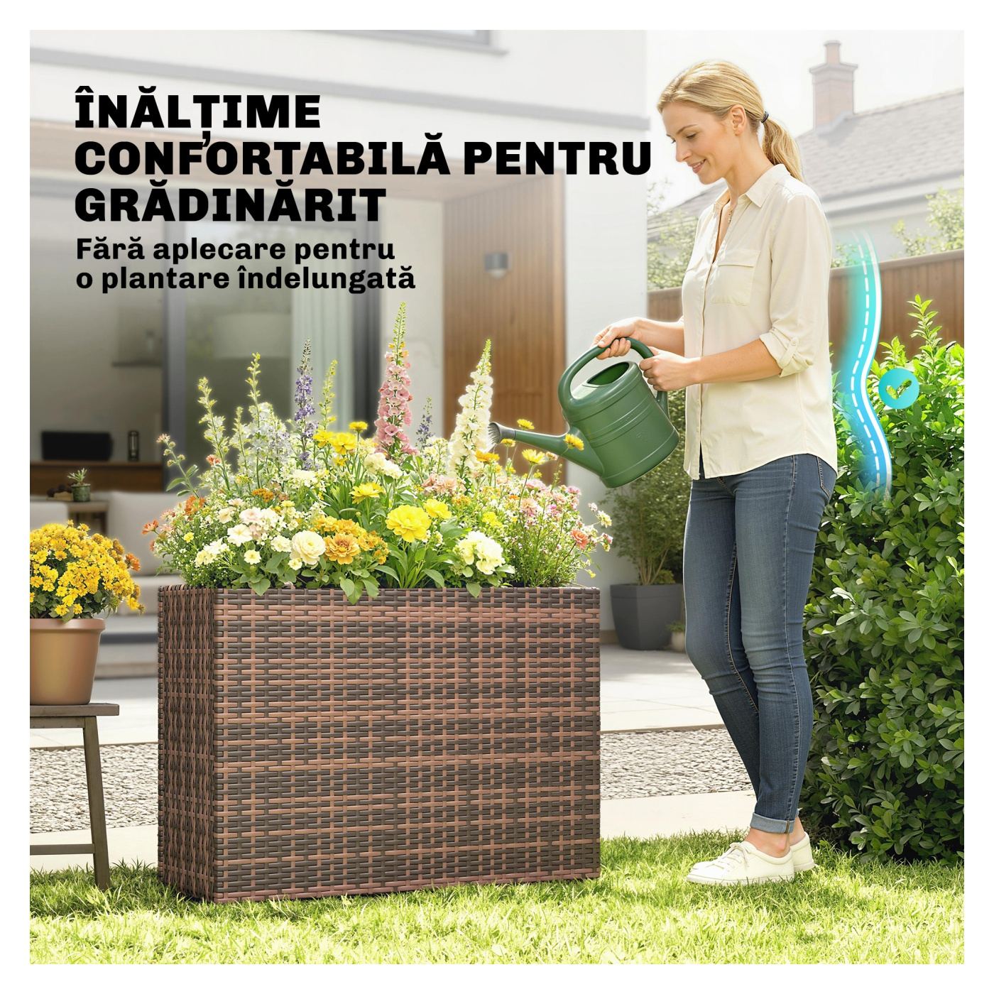 Strat Înălțat pentru Grădină 45L din Ratan, Ghiveci pentru Balcon cu Orificii de Drenaj și Picioare Reglabile, pentru Plante, Fl - 4