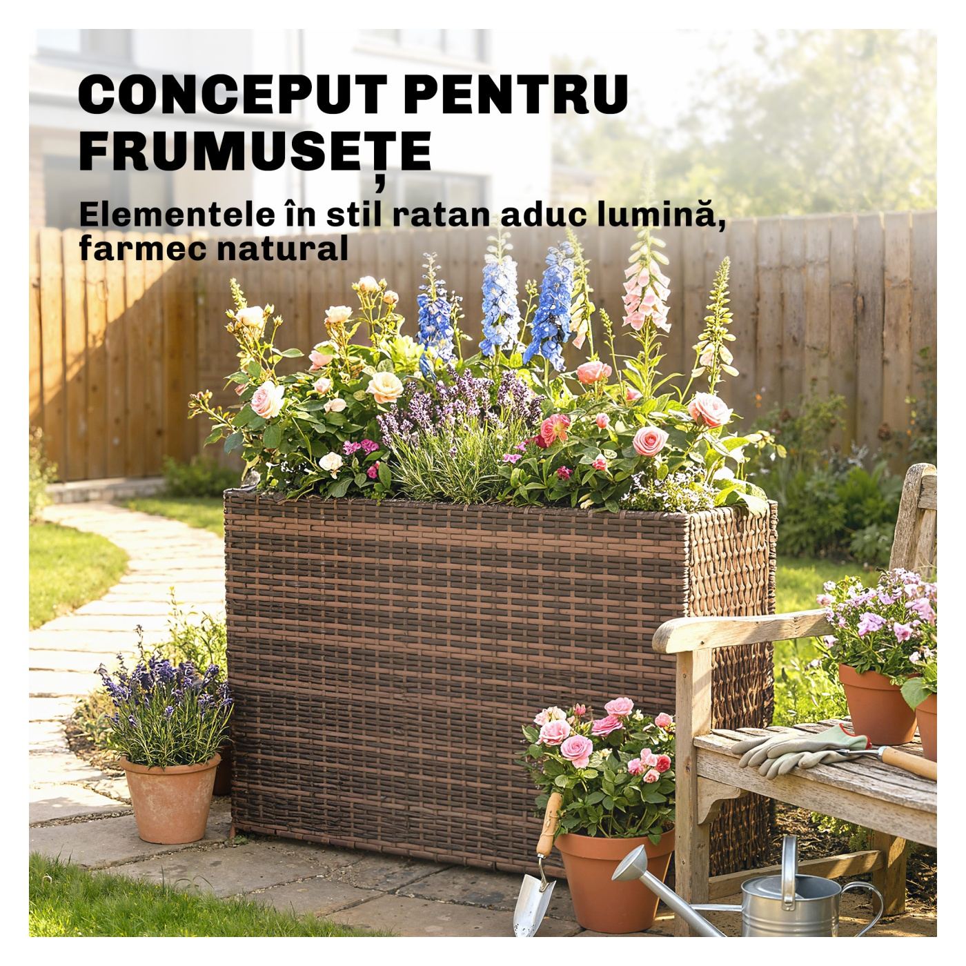 Strat Înălțat pentru Grădină 45L din Ratan, Ghiveci pentru Balcon cu Orificii de Drenaj și Picioare Reglabile, pentru Plante, Fl - 5