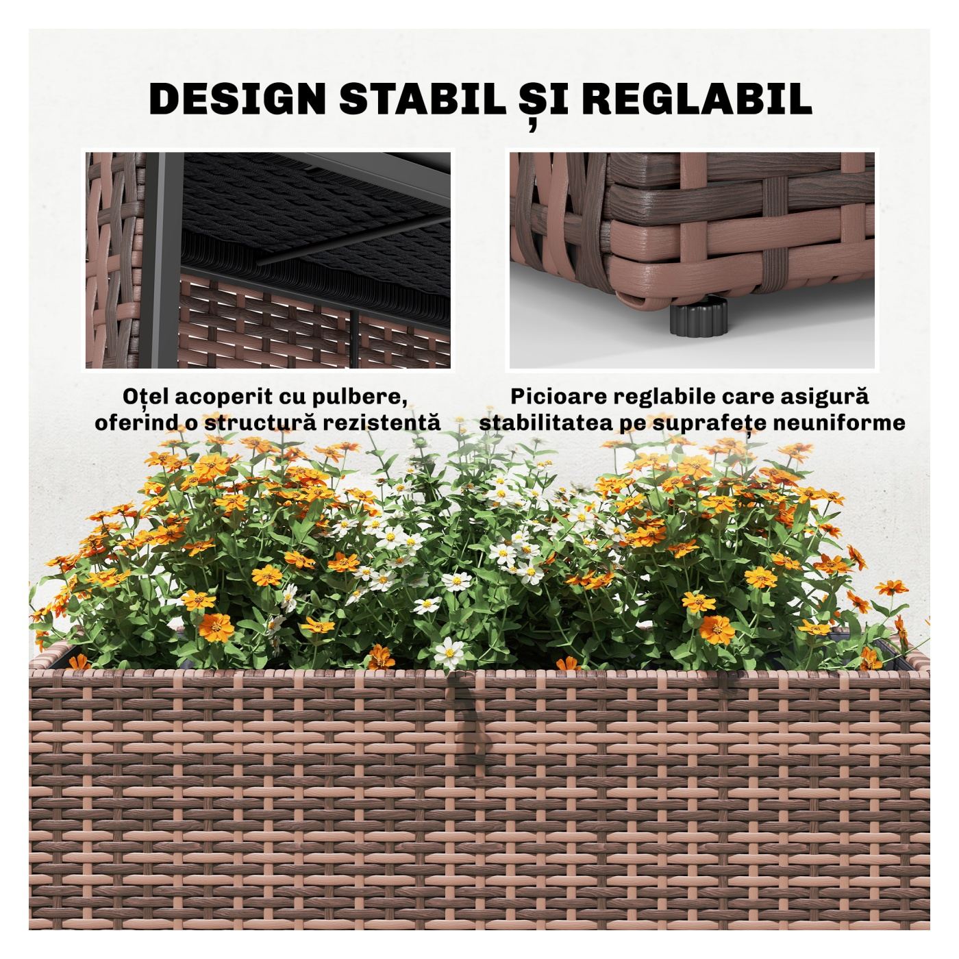 Strat Înălțat pentru Grădină 45L din Ratan, Ghiveci pentru Balcon cu Orificii de Drenaj și Picioare Reglabile, pentru Plante, Fl - 6