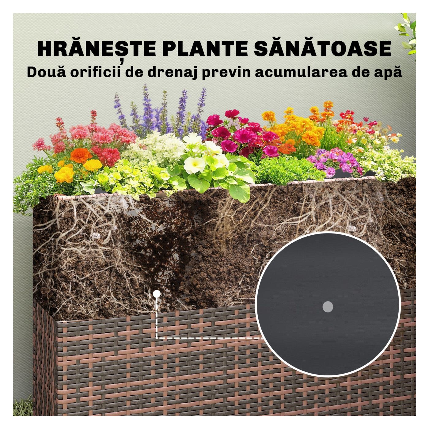 Strat Înălțat pentru Grădină 45L din Ratan, Ghiveci pentru Balcon cu Orificii de Drenaj și Picioare Reglabile, pentru Plante, Fl - 7