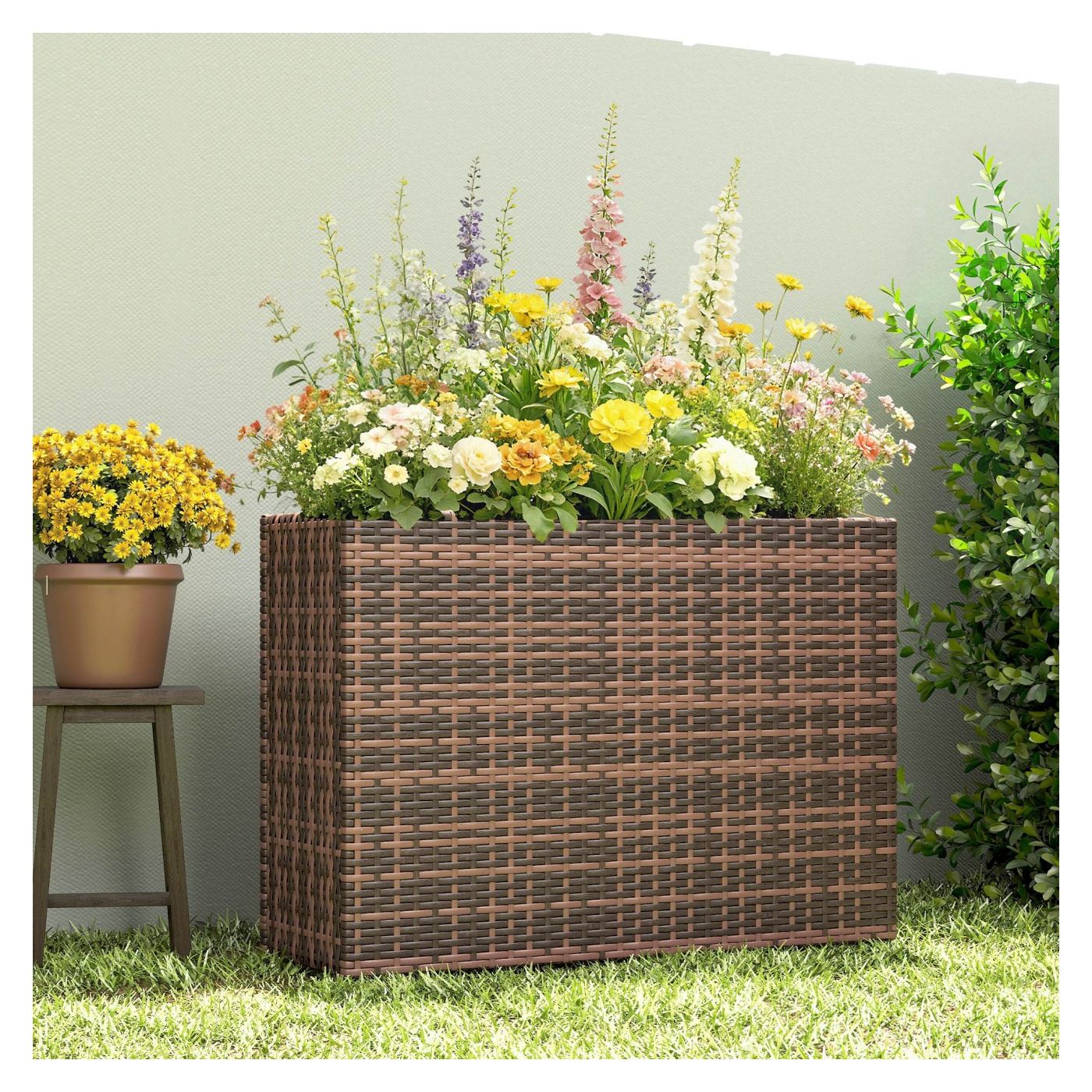 Strat Înălțat pentru Grădină 45L din Ratan, Ghiveci pentru Balcon cu Orificii de Drenaj și Picioare Reglabile, pentru Plante, Fl - 8