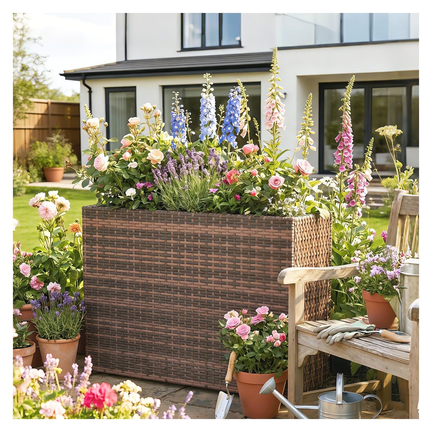 Strat Înălțat pentru Grădină 45L din Ratan, Ghiveci pentru Balcon cu Orificii de Drenaj și Picioare Reglabile, pentru Plante, Fl - 9