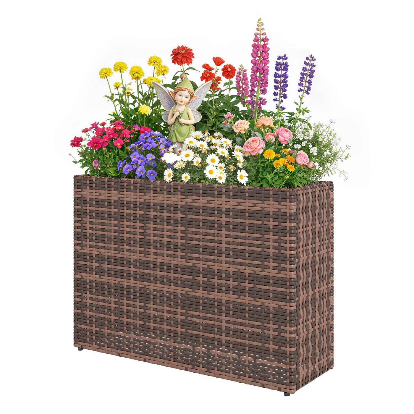 Strat Înălțat pentru Grădină 45L din Ratan, Ghiveci pentru Balcon cu Orificii de Drenaj și Picioare Reglabile, pentru Plante, Fl - 10