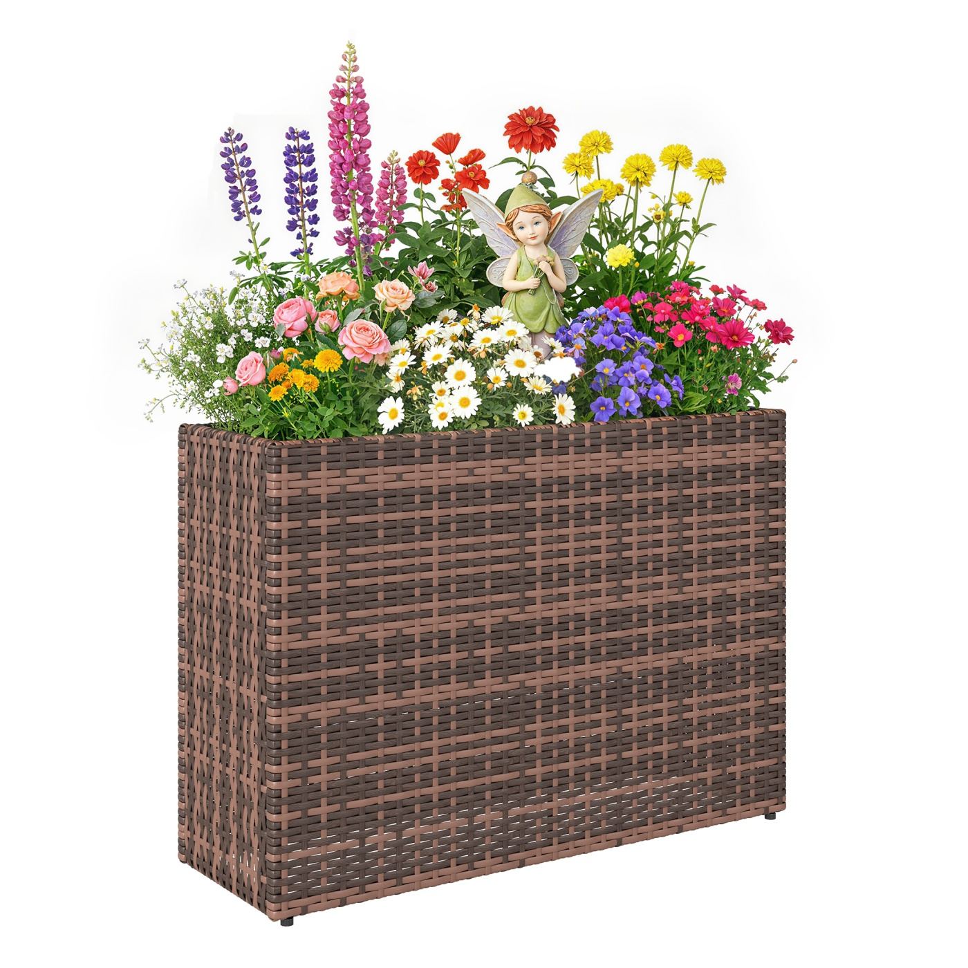 Strat Înălțat pentru Grădină 45L din Ratan, Ghiveci pentru Balcon cu Orificii de Drenaj și Picioare Reglabile, pentru Plante, Fl - 11