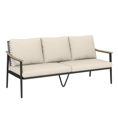 Canapea de Exterior , Canapea cu 3 Locuri pentru Terasă cu Brațe cu Efect de Lemn și Spătar din Rattan, Canapea de Exterior cu P