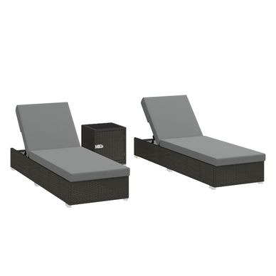 Set de 2 Șezlonguri de Grădină din Ratan cu Măsuță cu Blat din Sticlă Securizată, Șezlonguri cu Spătar Reglabil în 6 Poziții, Pe