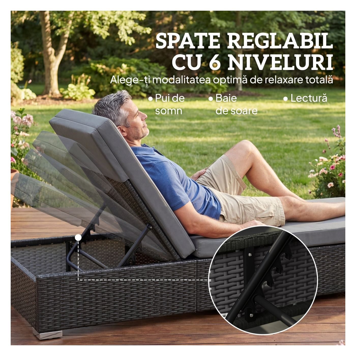 Set de 2 Șezlonguri de Grădină din Ratan cu Măsuță cu Blat din Sticlă Securizată, Șezlonguri cu Spătar Reglabil în 6 Poziții, Pe - 4