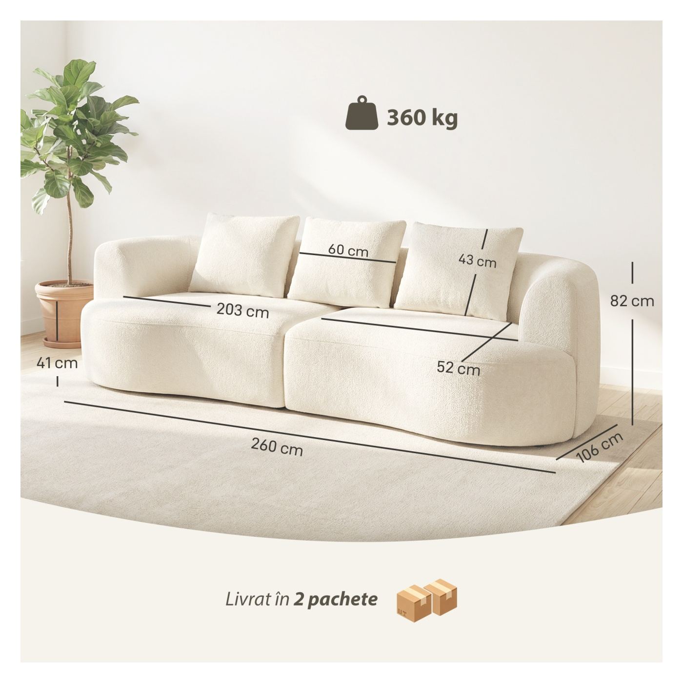 Canapea 3 Locuri, Canapea Modulară 260 cm Fără Structură cu Șezut Generos, Pernă Groasă și 3 Perne, Sofa Comprimată Modernă din - 3