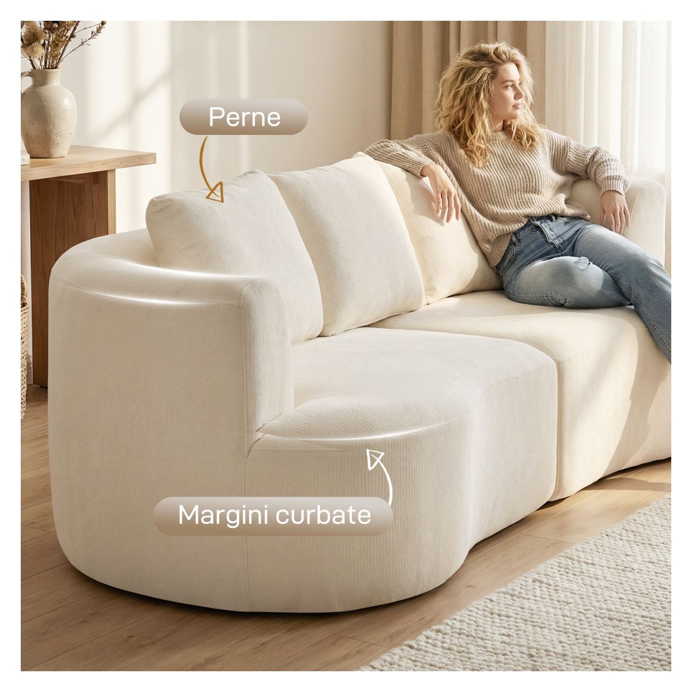 Canapea 3 Locuri, Canapea Modulară 260 cm Fără Structură cu Șezut Generos, Pernă Groasă și 3 Perne, Sofa Comprimată Modernă din - 6
