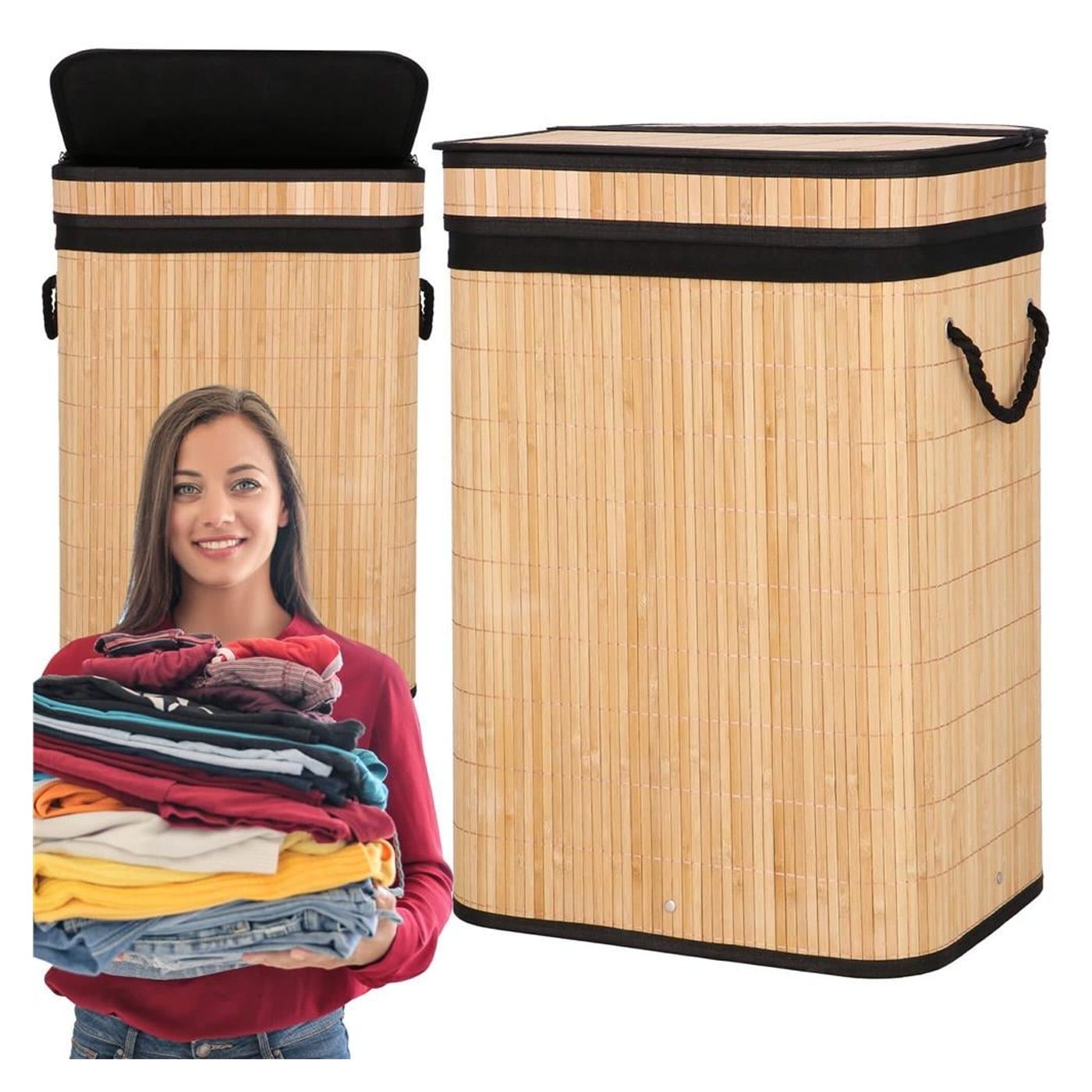 Cos rufe bambus capac sac detasabil 72 litri, 42x33x60 cm, design natural, maro - 5
