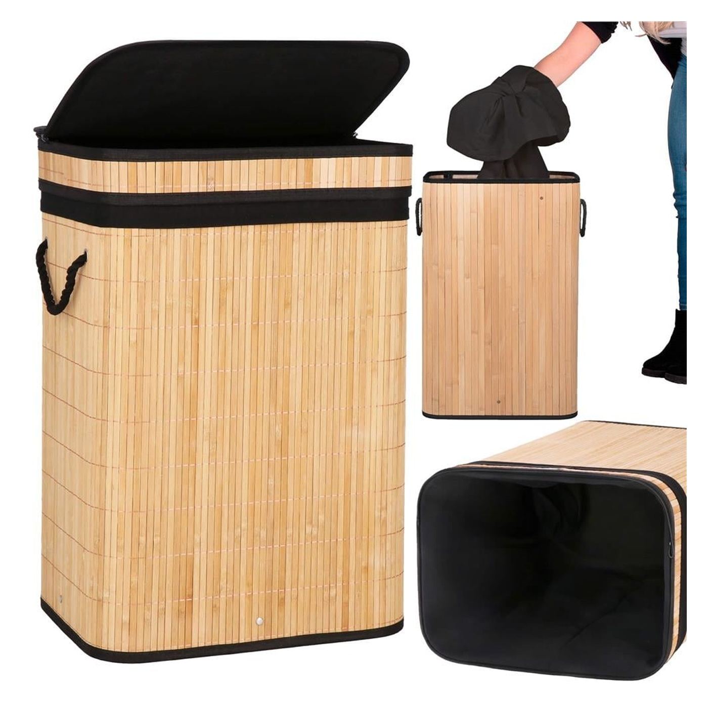Cos rufe bambus capac sac detasabil 72 litri, 42x33x60 cm, design natural, maro - 7