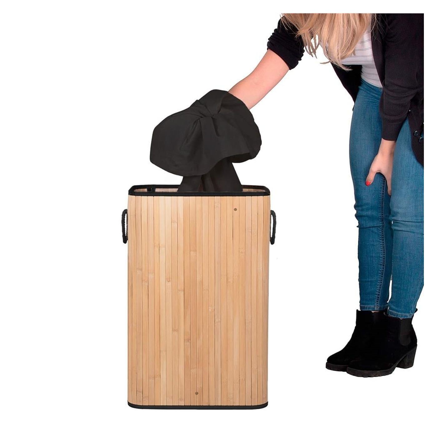 Cos rufe bambus capac sac detasabil 72 litri, 42x33x60 cm, design natural, maro - 19