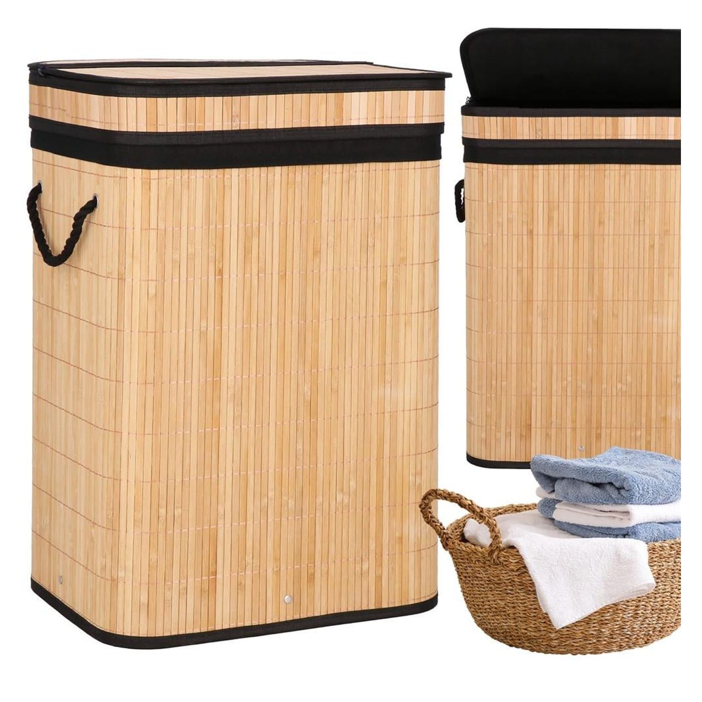 Cos rufe bambus capac sac detasabil 72 litri, 42x33x60 cm, design natural, maro - 26