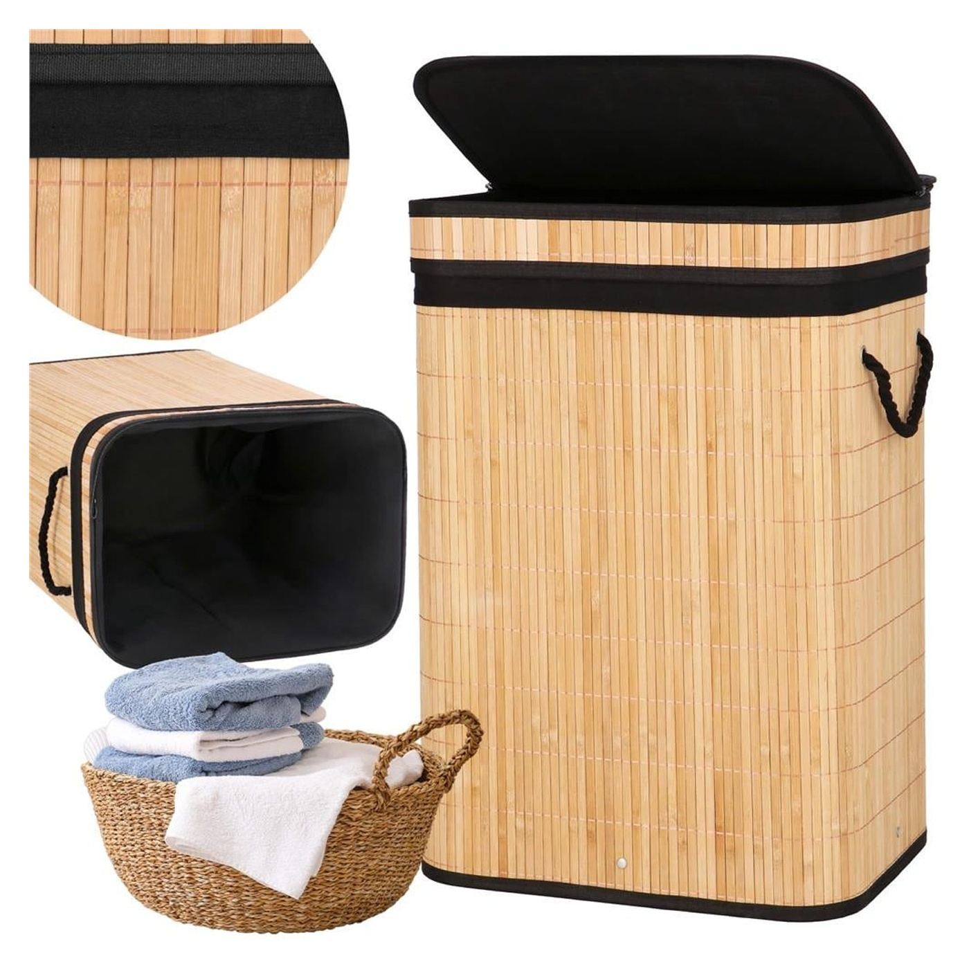 Cos rufe bambus capac sac detasabil 72 litri, 42x33x60 cm, design natural, maro - 28