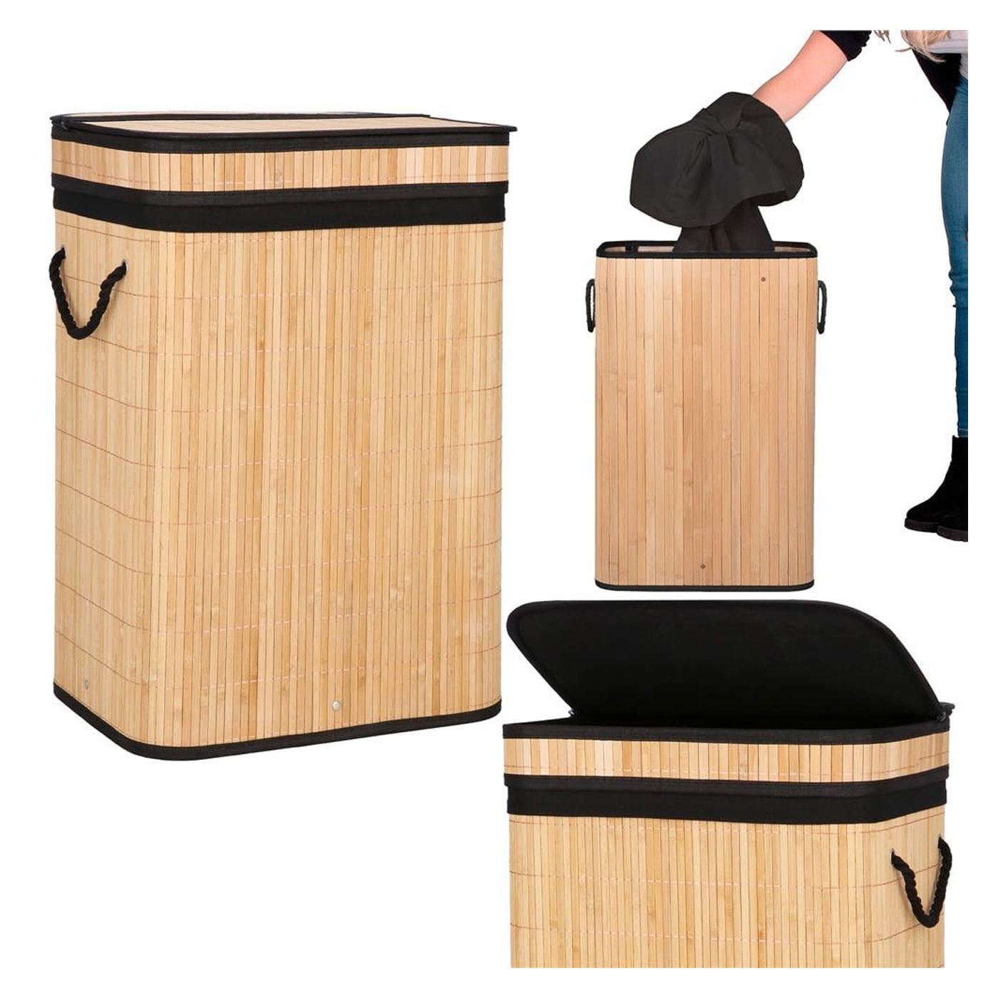 Cos rufe bambus capac sac detasabil 72 litri, 42x33x60 cm, design natural, maro - 30
