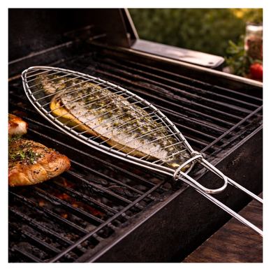 Gril pliabil pentru pește, 42x9 cm, suport metalic cromat, design practic pentru gătire uniformă, BBQ