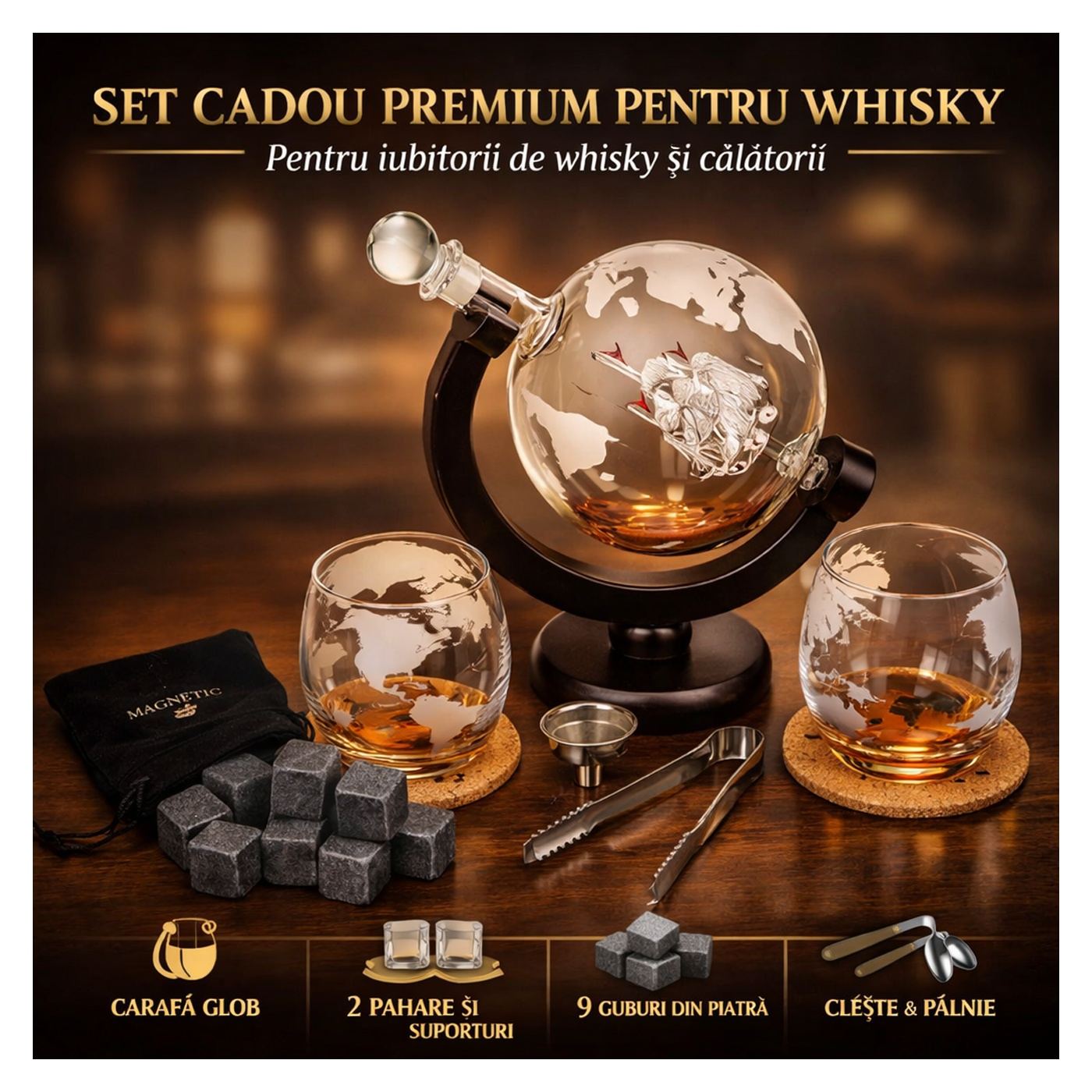 Set pahare si decantor pentru Whisky Malatec, 2 pahare 250 ml, decantor 850 ml, sticla transparenta, stil modern