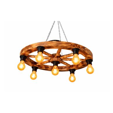 Candelabru Rustic Lemn Ars 58 cm, 7x E27, Tip Roata, Iluminat Vintage Cabana